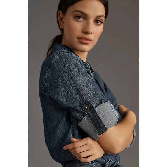 NWT Anthro Cloth & Stone Denim Utility Jumpsuit Belted Cargo Pockets XL $188 - Picture 2 of 11